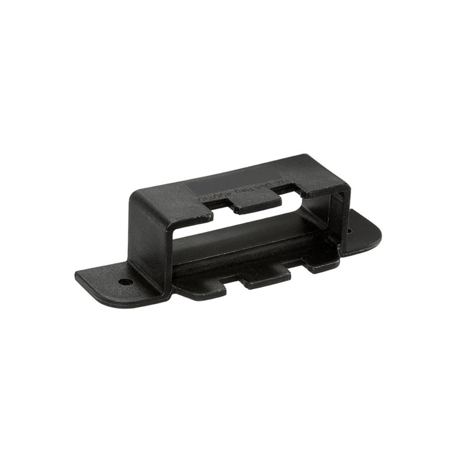 Trailer Plug Holder-07-8000. Front view of black plastic holder lying on flat side.