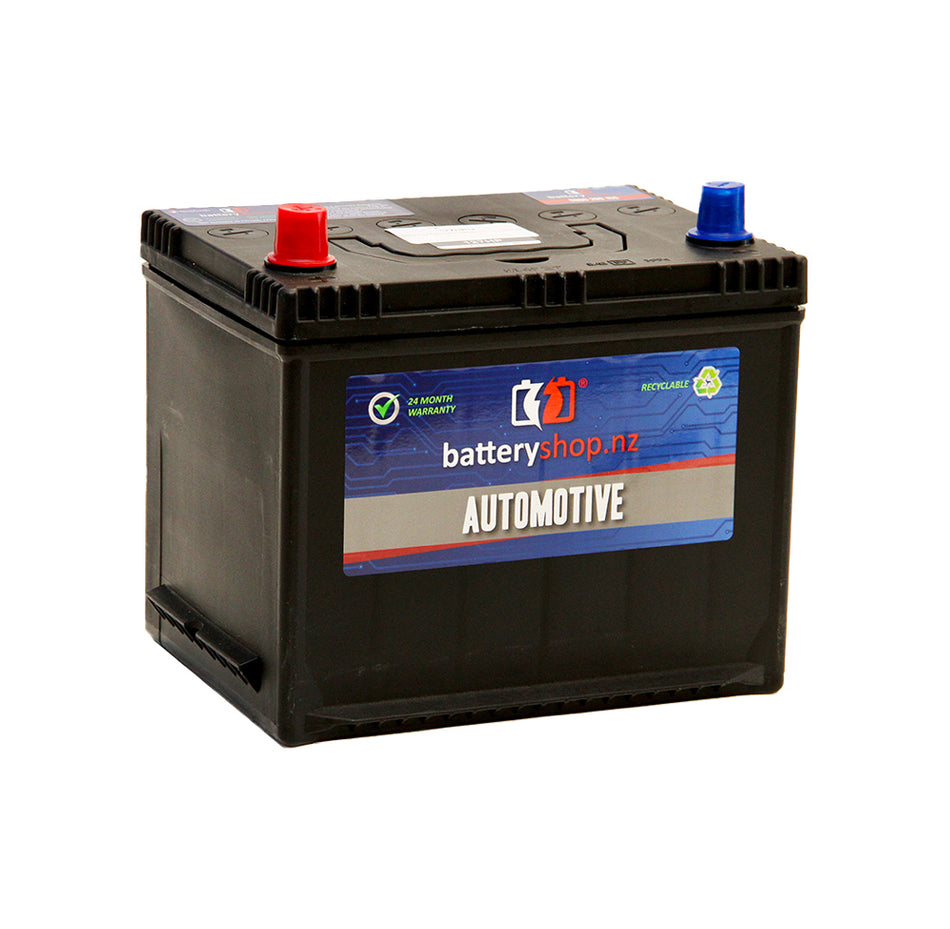 Batteryshop.nz Heavy Duty Battery: Automotive CAL 12V 550CCA.  Angled view showing blue label and terminals.