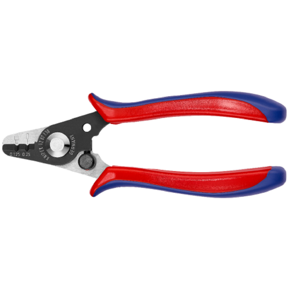 Knipex Wire Stripper for Fibre Optics 1282130.  Angled view showing jaws closed.