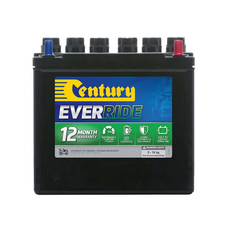 Ride-On Lawn Mower Battery FLA 12V 200CCA-12N24-3. Front view of black battery with yellow Century logo on blue and green label on front.