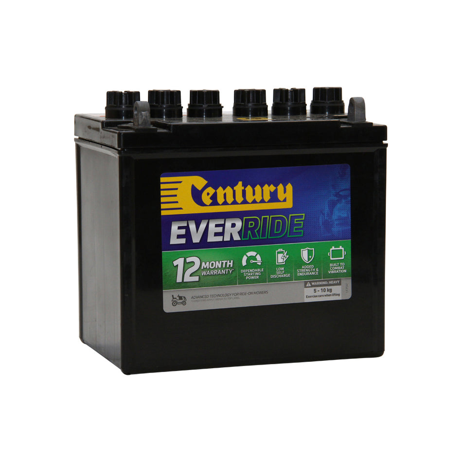 EverRide Battery: Ride-on Mower FLA 12V 200CCA - 12N24-3. Front view of black battery with yellow Century logo on blue and green sticker.