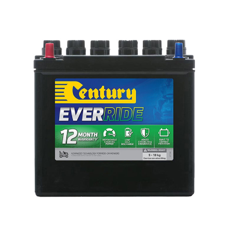 Century Ride-On Lawn Mower Battery FLA 12V 200CCA-12N24-4. Front view of black battery with yellow Century logo on blue and green label on front.