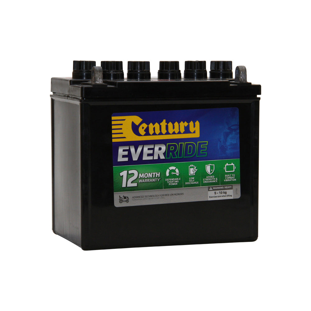 EverRide Battery: Ride-On Mower FLA 12V 200CCA - 12N24-4. Front view of black battery with yellow Century logo on blue and green sticker.