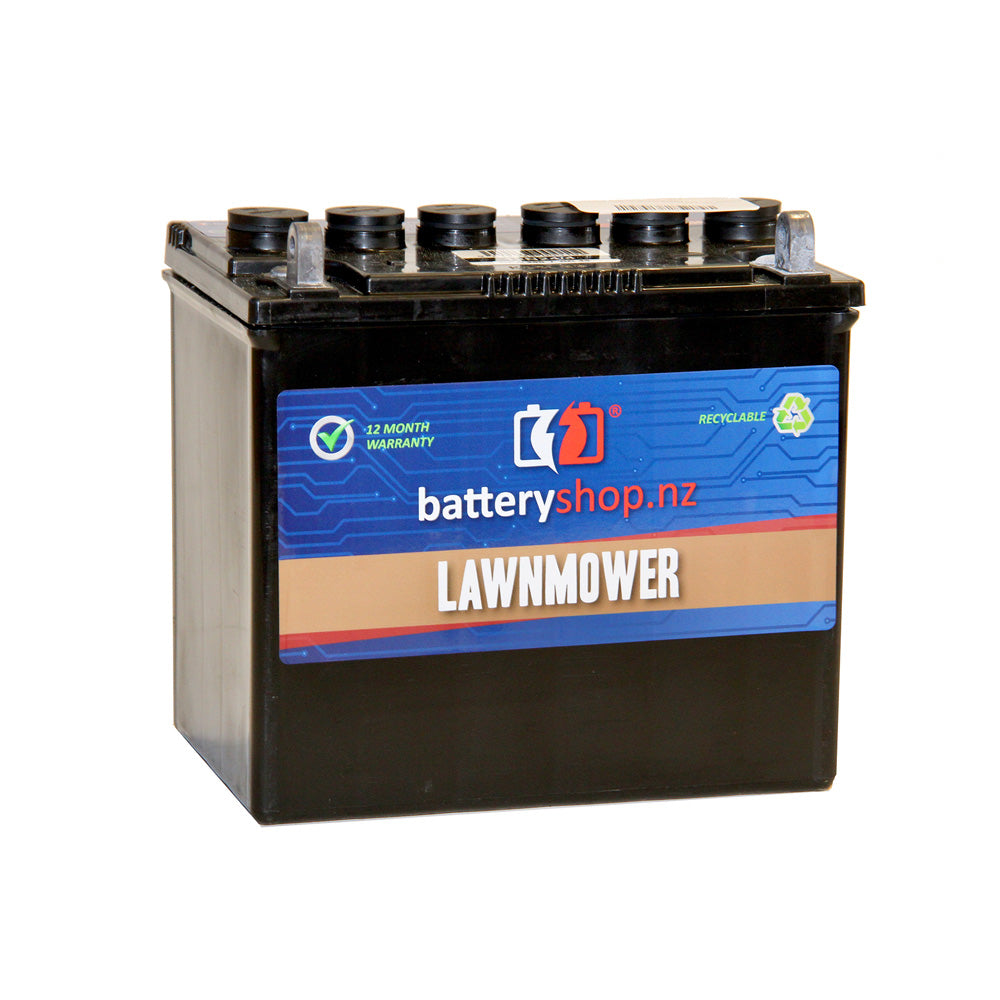 Batteryshop.nz Heavy Duty Battery: Ride-on Lawn Mower FLA 12 Volt 290CCA. Angled view showing label , filler caps and terminals.