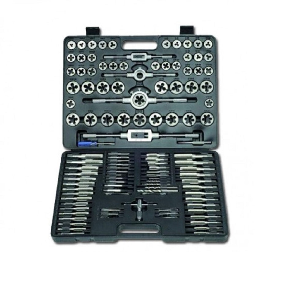 Hindin Marquip Tap & Die Set 115pc Metric & SAE-130-115000. Front view of black case filled with silver taps and dies on the top and bottom.