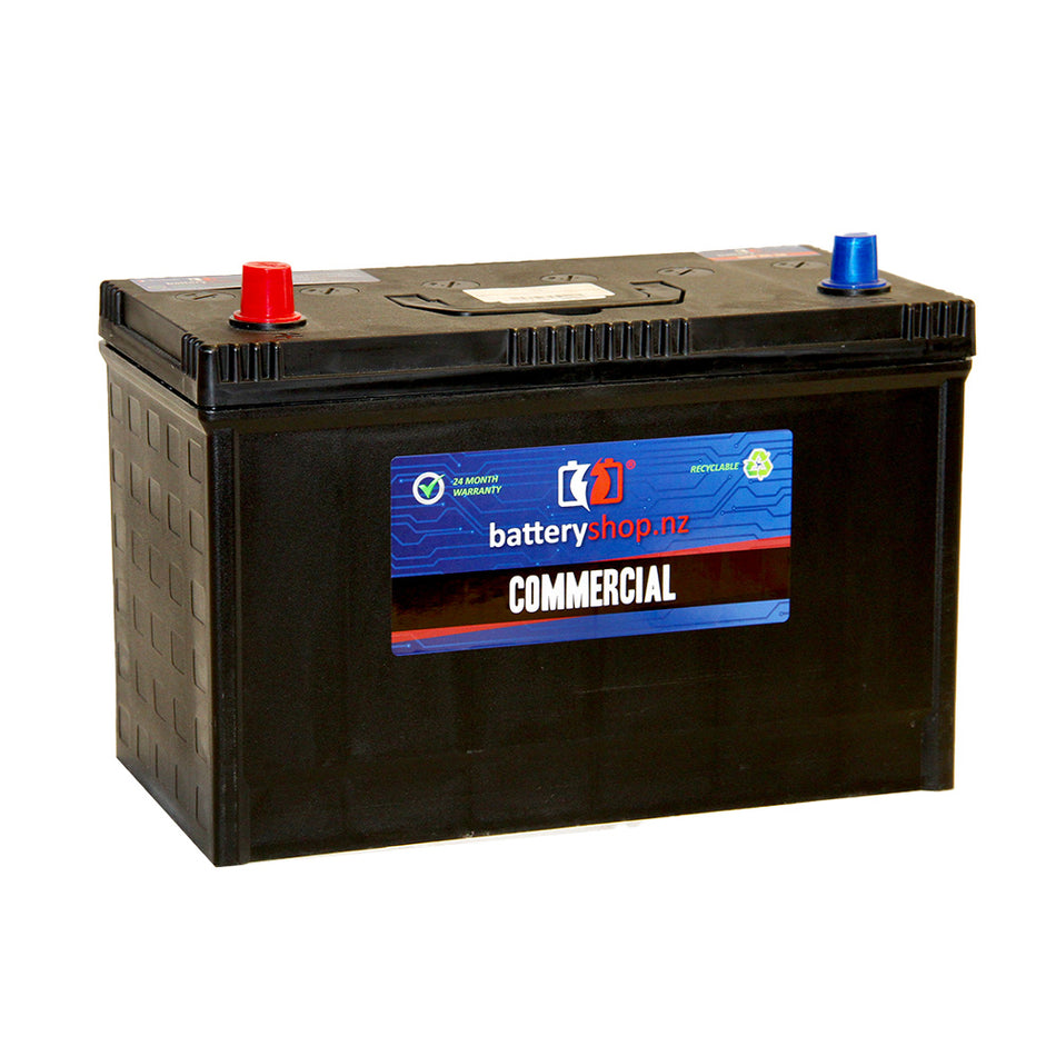 Batteryshop.nz Heavy Duty Commercial battery 12 Volt 780CCA.  Angled view showing label and terminals. 