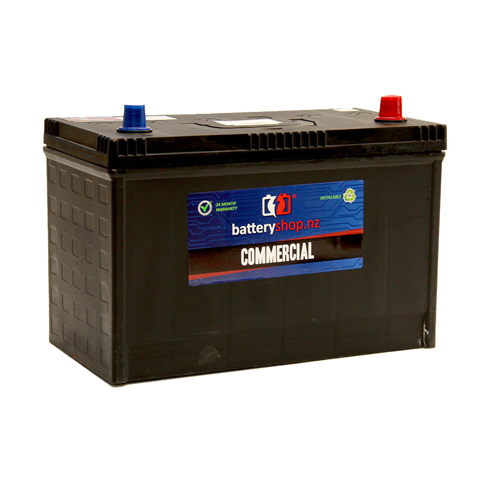 Batteryshop.nz Heavy Duty Battery: Commercial CAL 12 Volt 780CCA.  Angled view showing label and terminals on top.