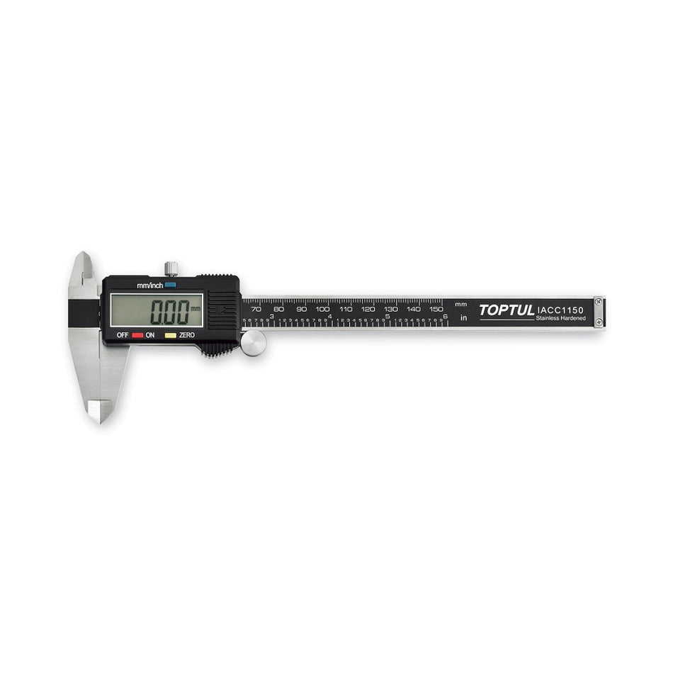 Toptul Digital Vernier Caliper 150mm/6 inch-151-1506A. Front view of black caliper with LCD screen and silver end on one side and ruler and white Toptul logo on the other.