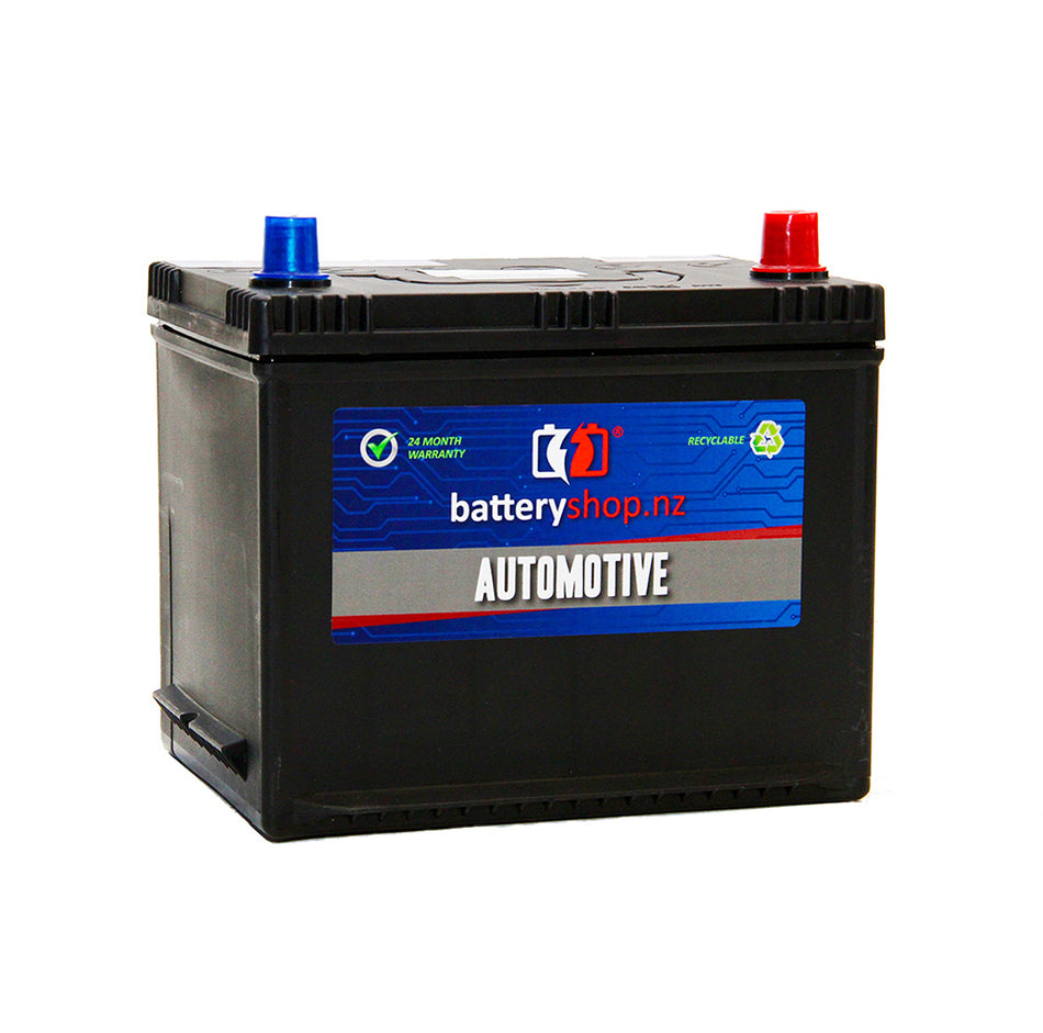 Batteryshop.nz Heavy Duty Automotive Battery CAL 12Volt 450CCA.  Angled view showing lable and terminals. 