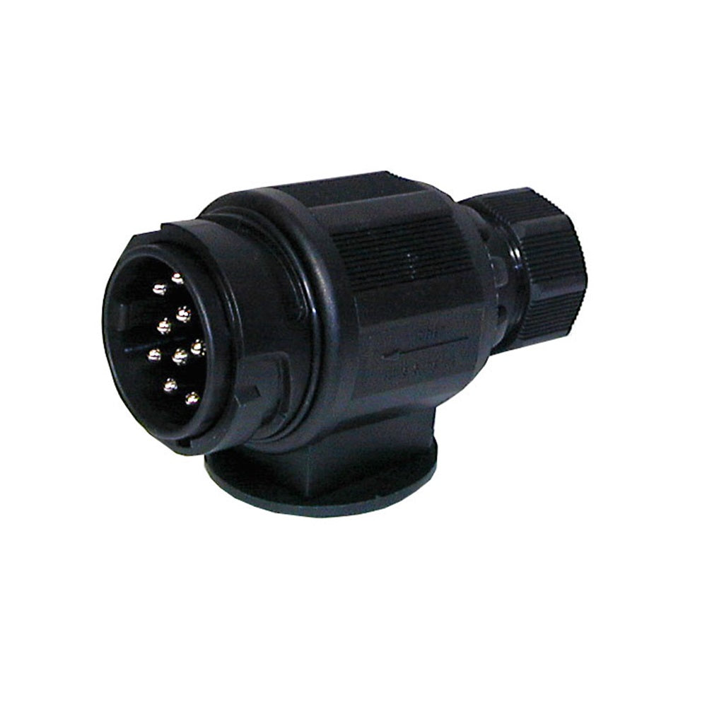 13 Pin Round Truck Trailer Plug with Twist Lock-17-930. Side view of black plug sitting on a flat base.