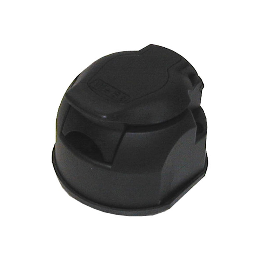 13 Pin Round Truck Trailer Socket-17-933. Front view of black truck trailer socket sitting on flat base.