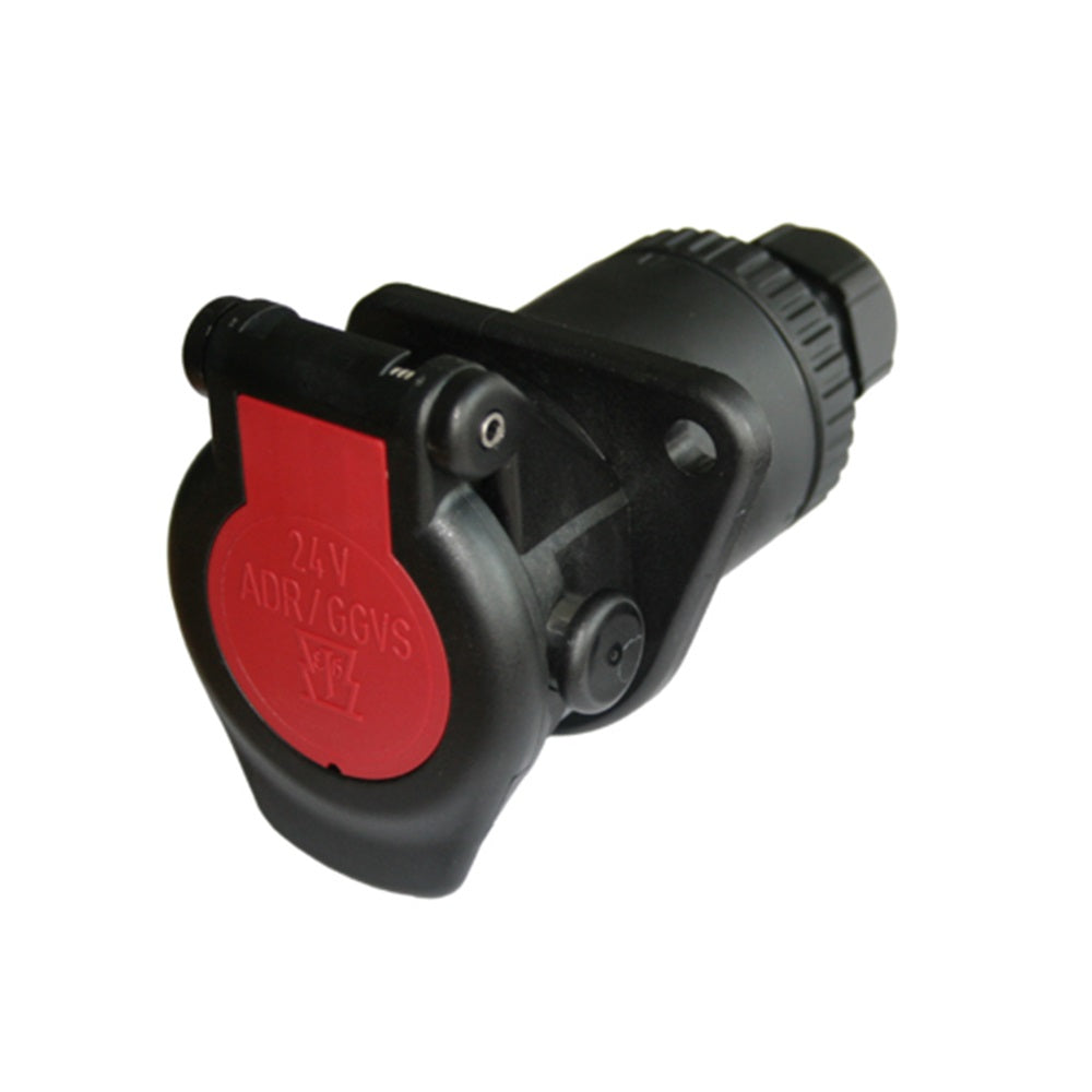 Trailer Socket 24V 15 Pin Round Heavy Duty-17-950. Side view of black socket with red insert in the front.