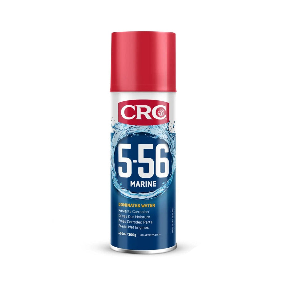 CRC 5-56 Marine 420ml-1751839. Front view of CRC spray can with a blue bottom, a red CRC logo and a red cap.