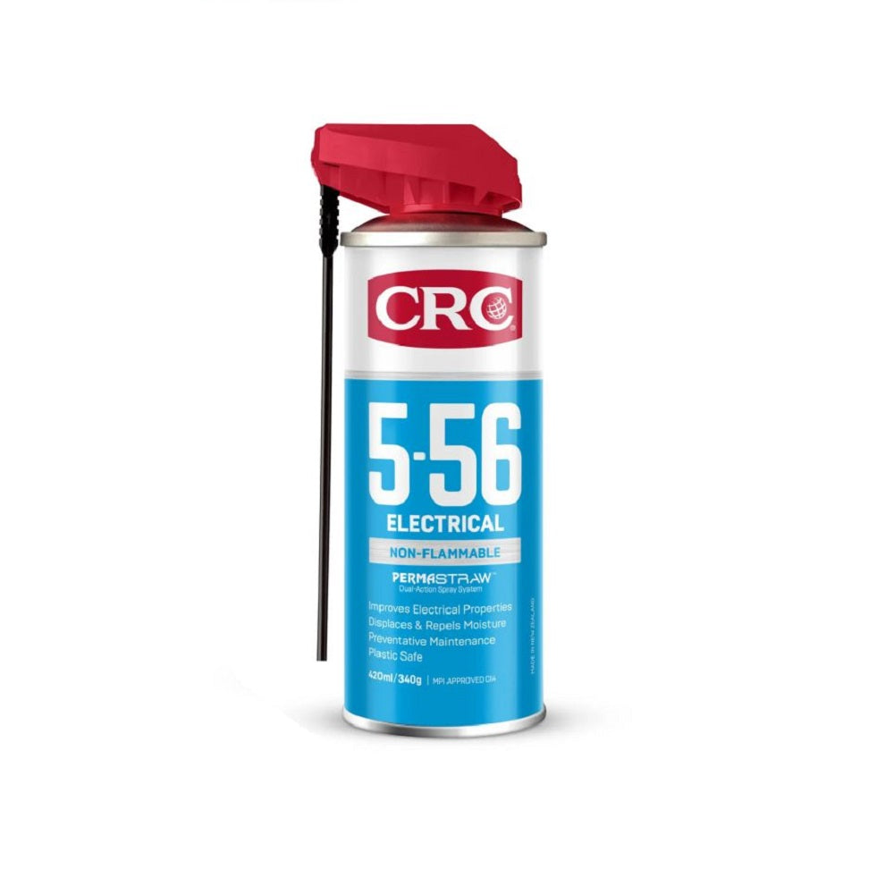 CRC 5-56 Electrical 420ml-1751841. Front view of CRC spray can with blue on the bottom and red CRC logo and red spray cap with a black permastraw.