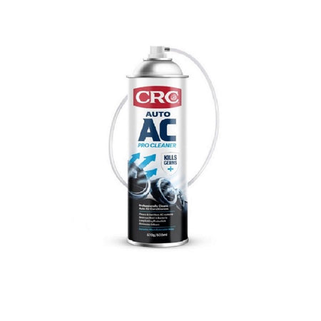 CRC Auto Po Cleaner-1753204. Front view of spray can with black on bottom with blue arrows pointing up to the red CRC logo and the 45cm extension hose circled around the back.