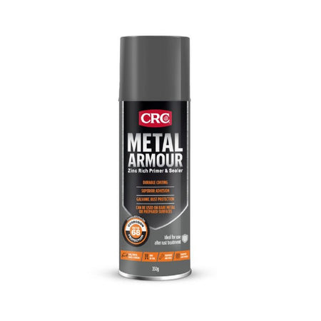 CRC Metal Armour 350G-1754703. Front view of grey spray can with black, orange and white writing and the CRC logo in red with a grey cap.