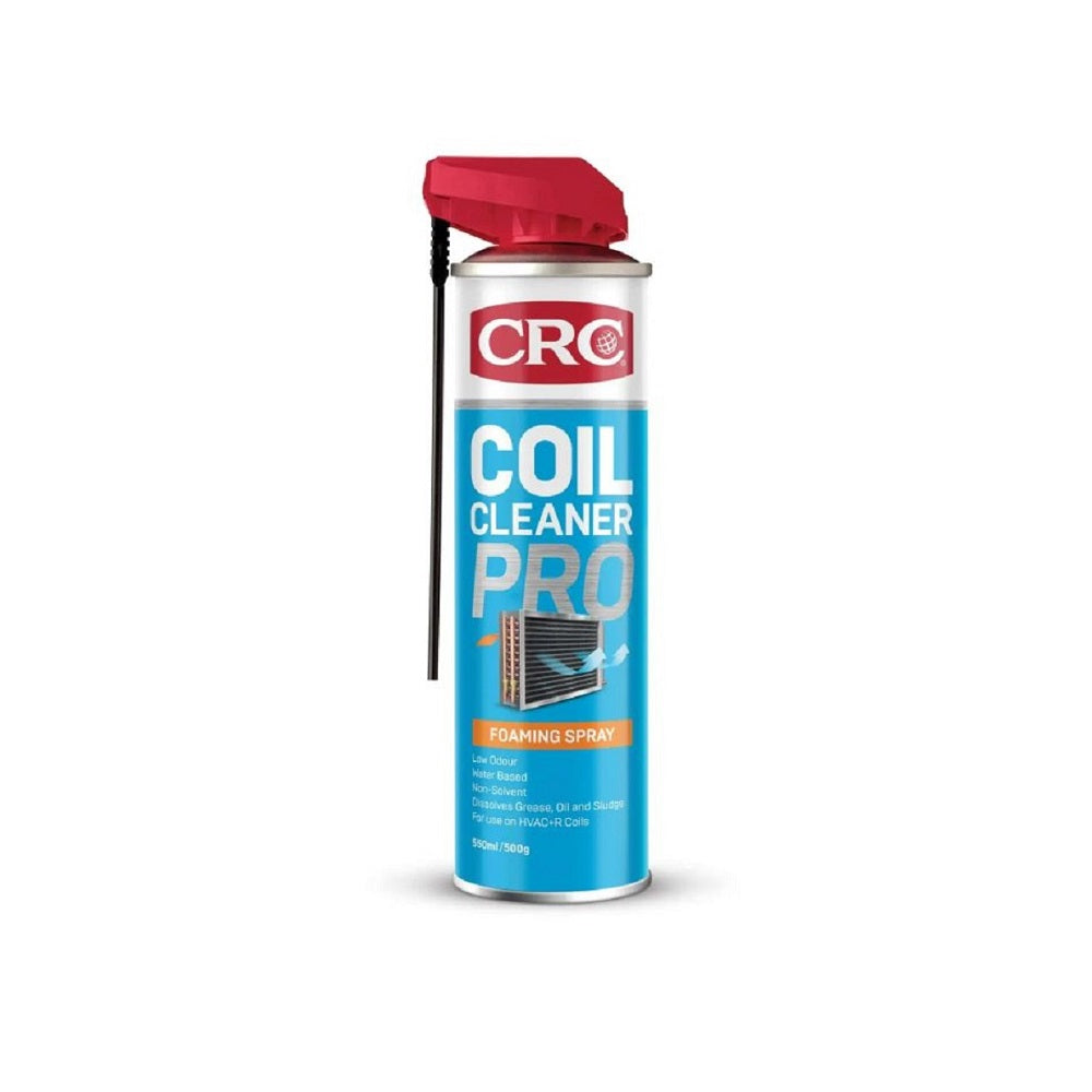 CRC Coil Cleaner Pro Aerosol 550ml-1755030. Front view of CRC spray can with blue on the bottom with the red CRC logo and a red spray top with a black extension stray.