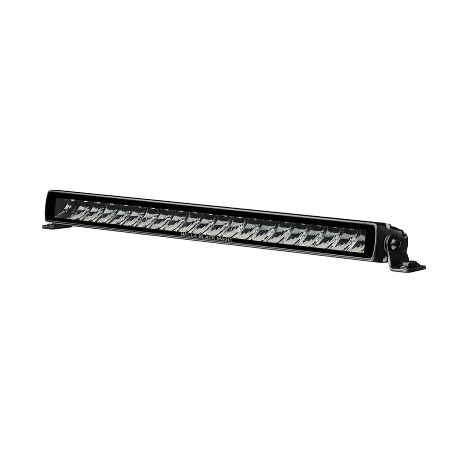 Hella TOUGH 40" Single Row Light Bar-1GJ 358 197-321. Front view of black light bar with single row of LED's and black mounts at the sides.