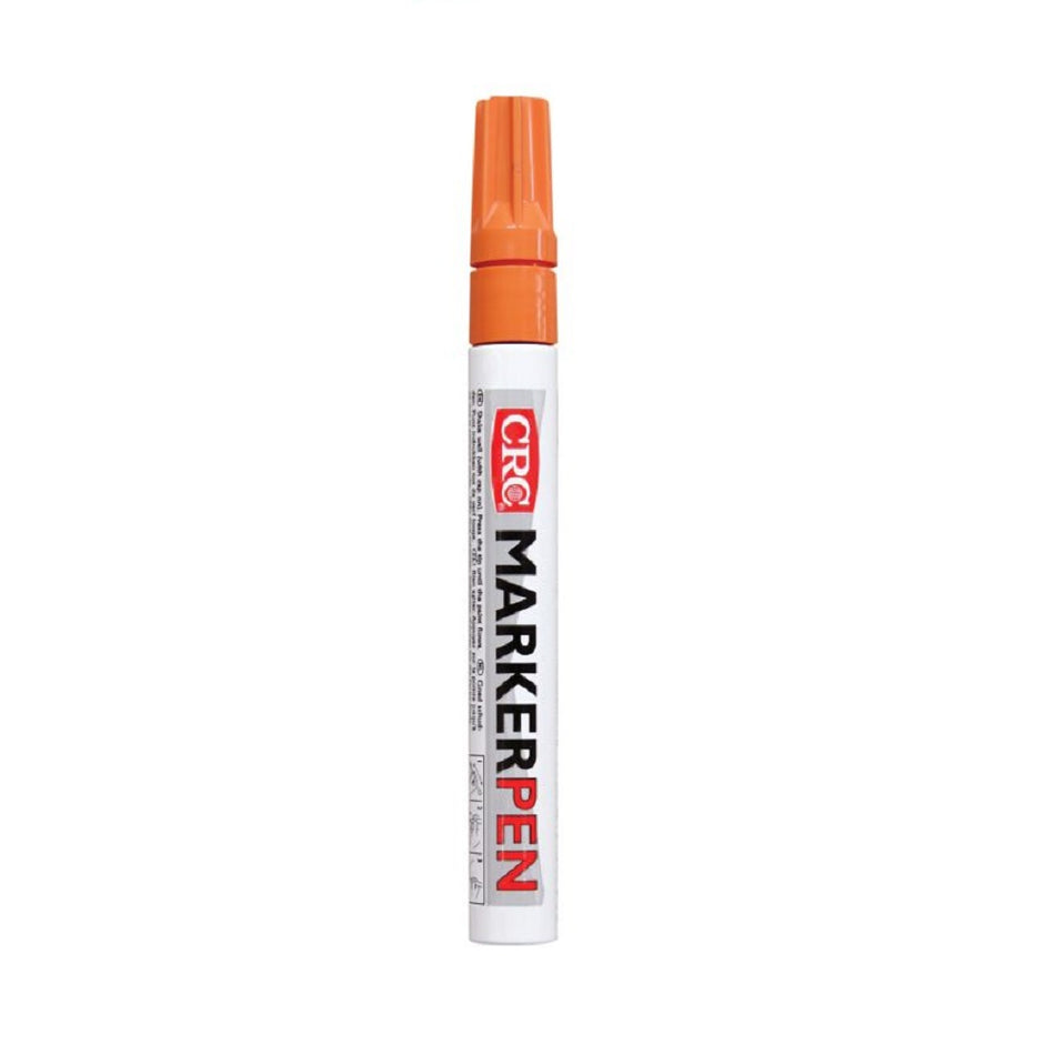 CRC Paint Marker Pen Orange-20384. Front view of white pen with red CRC logo on it and orange top.