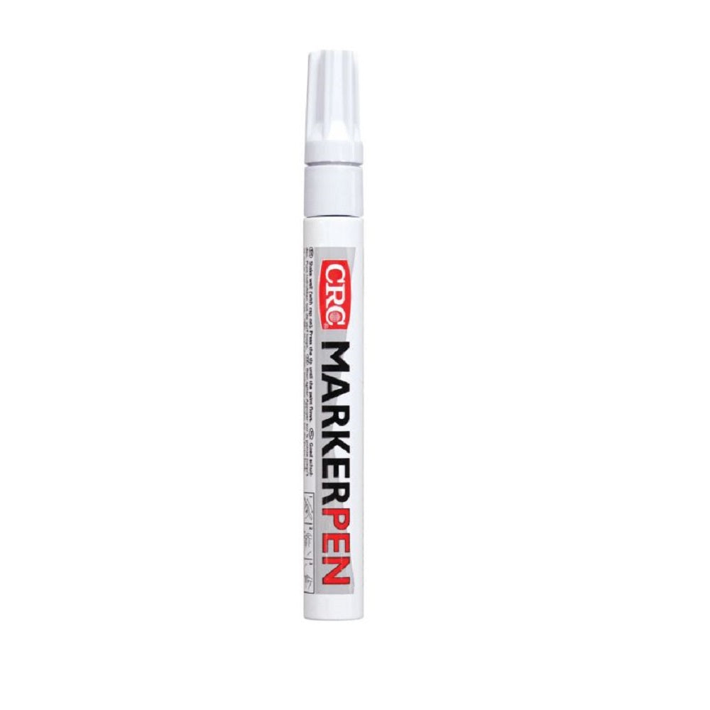 CRC Paint Marker Pen White-20395. Front view of white pen with red CRC logo on it and white top.