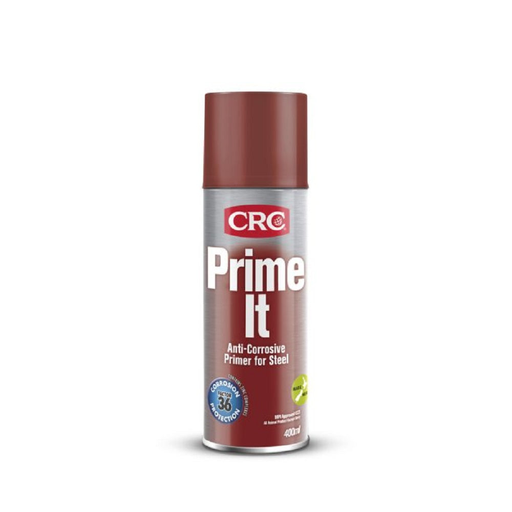 CRC Prime It 400ml-2091. Front view of spray can with primer red and silver and red CRC logo on it and primer red cap.