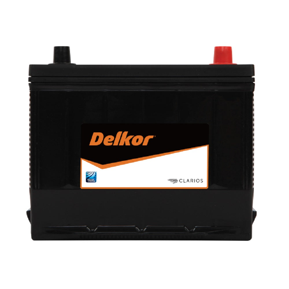 Delkor Battery Automotive CAL 12V 530CCA-22F520. Front view of black battery with orange Delkor logo on black, white and orange label on front.