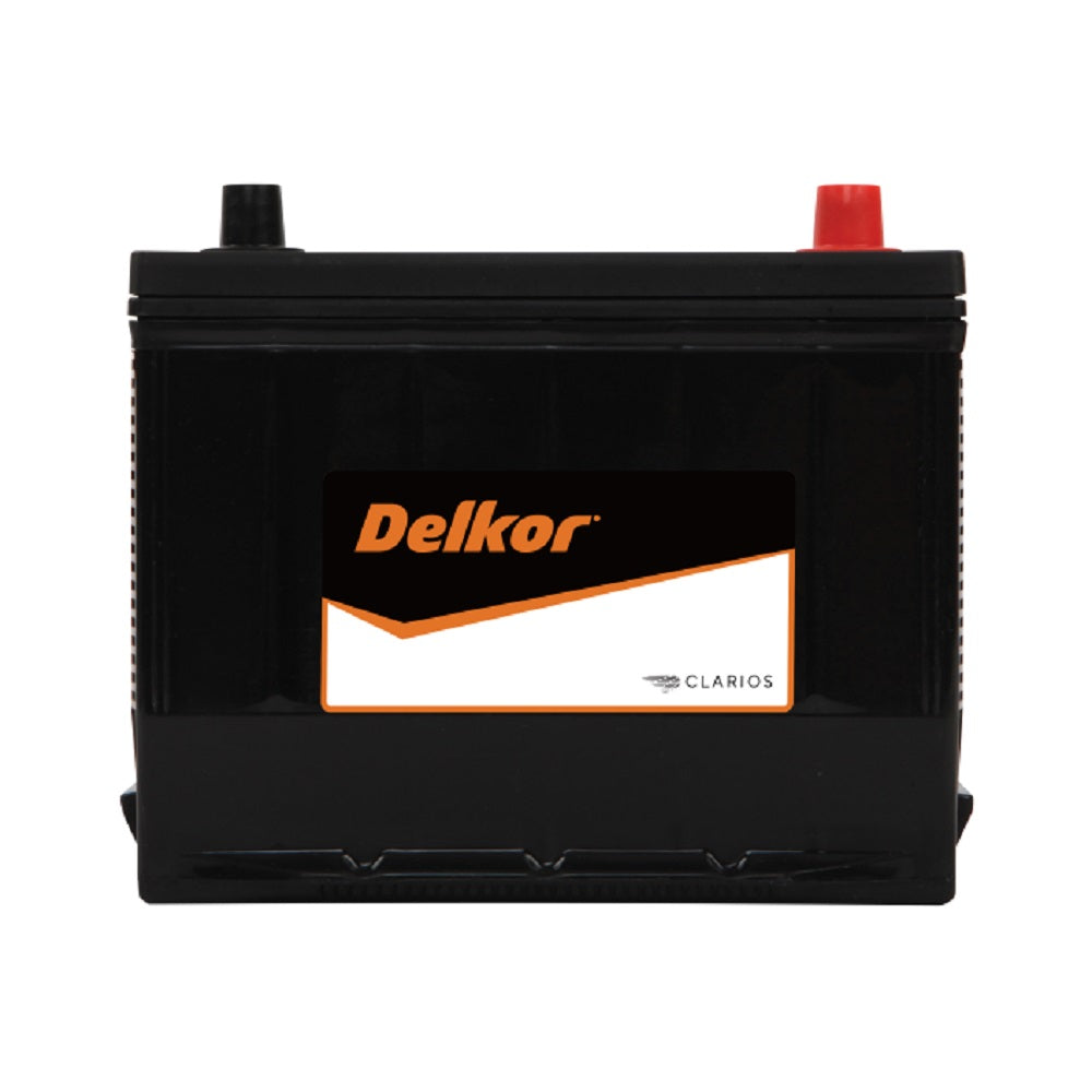 Delkor Battery Automotive 12V 530CCA-22F520FD. Front view of black battery with orange Delkor logo on black, white and orange label on front.