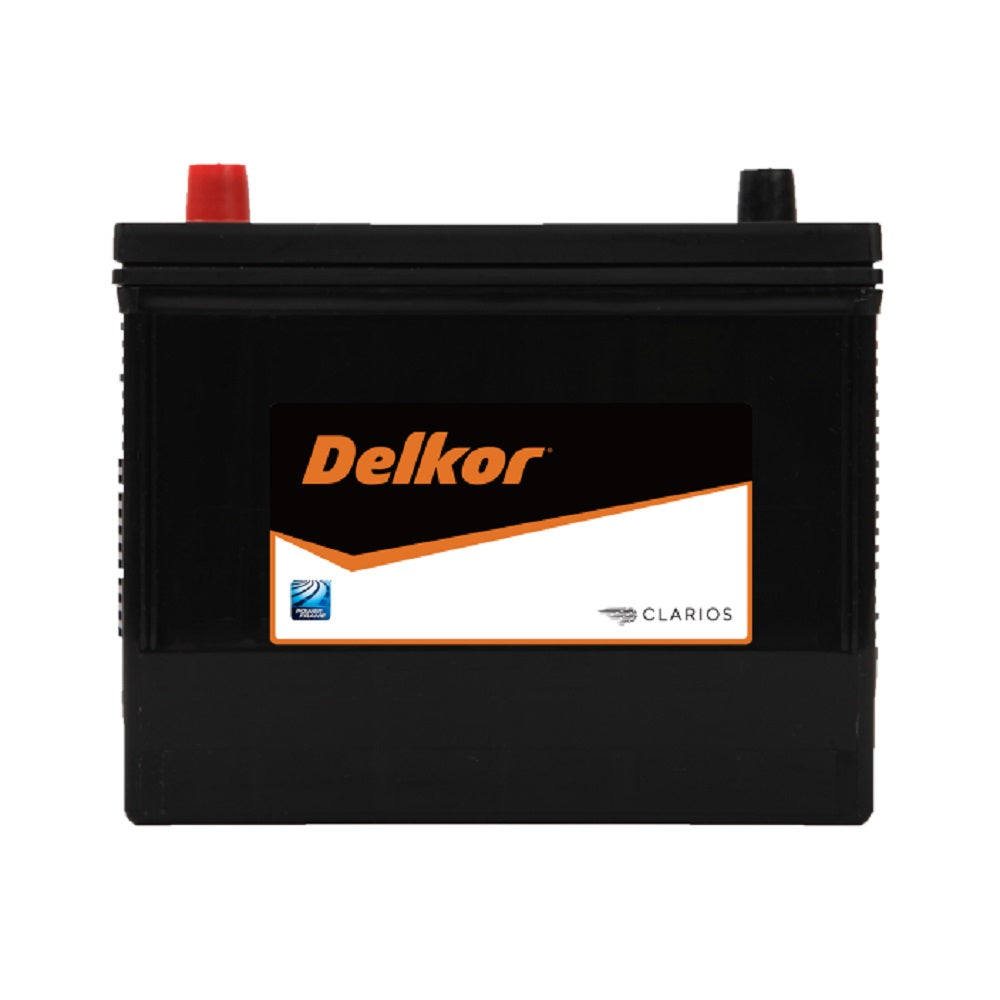 Delkor Automotive Battery CAL 12V 520CCA-22FR520. Front view of black battery with orange Delkor logo on black, white and orange label on front.