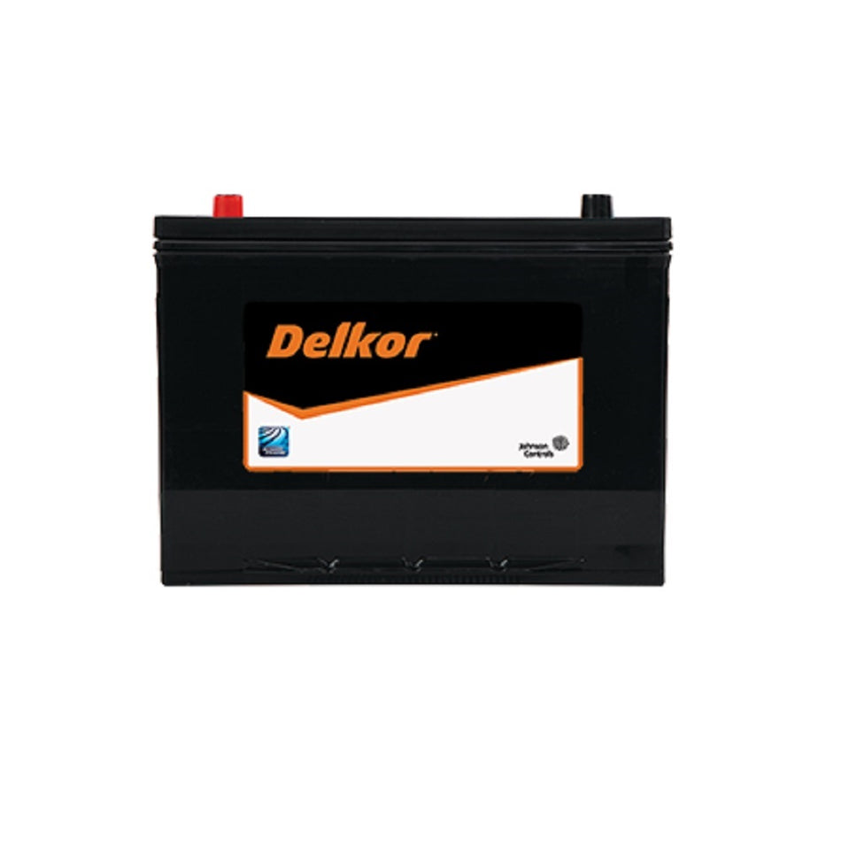 Delkor Battery Commercial 12V 780CCA-27H780HD. Front view of black battery with orange Delkor logo on black, white and orange label on front.