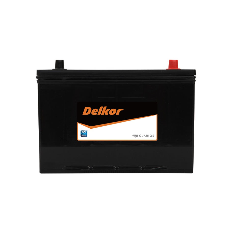 Delkor Battery Commercial Cal 12V 780CCA-27HR780HD. Front view of black battery with orange Delkor logo on black, white and orange label on front.