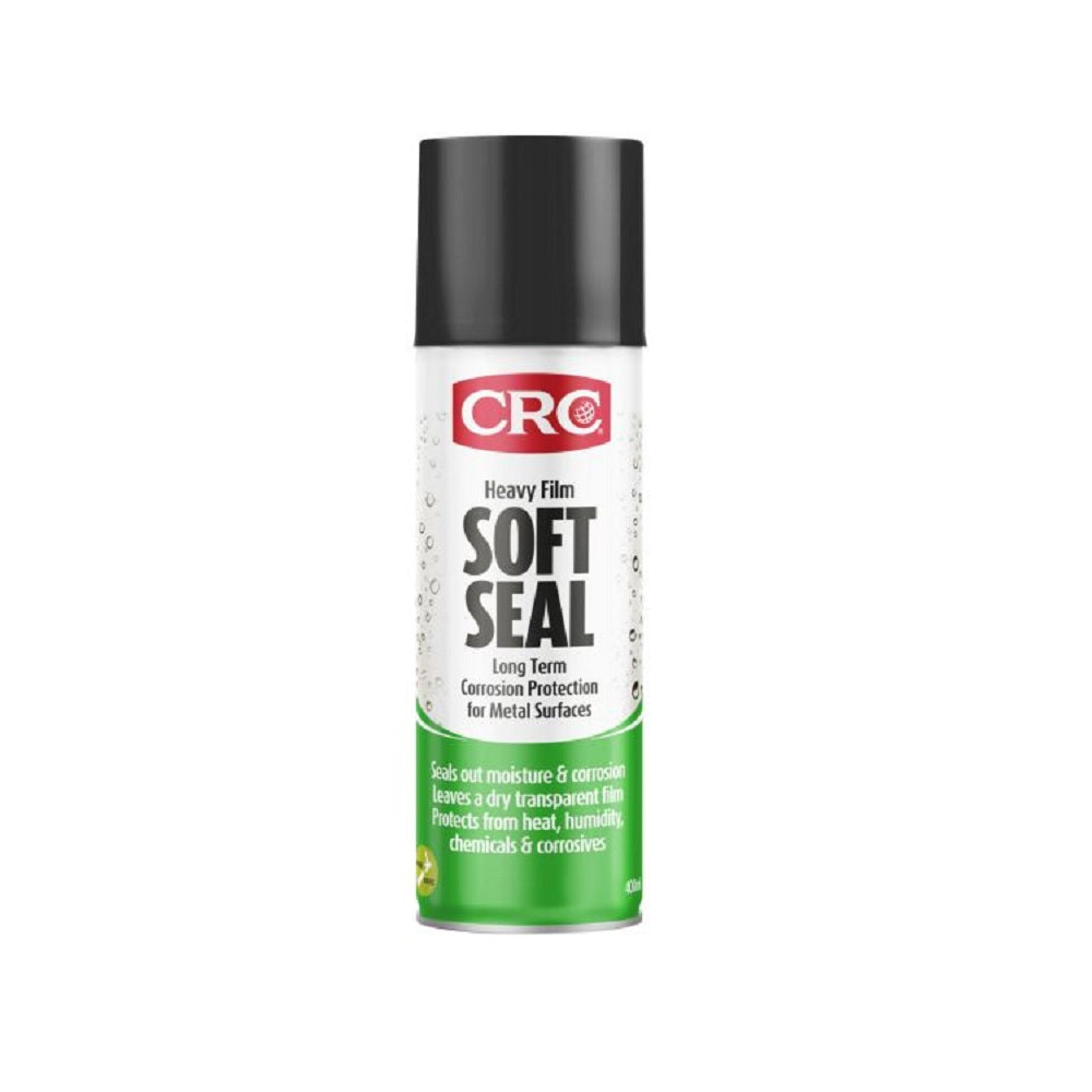 CRC Soft Seal 400ml-3013. Front view of spray can with green on the bottom and white on the top with a red CRC logo and a black cap.