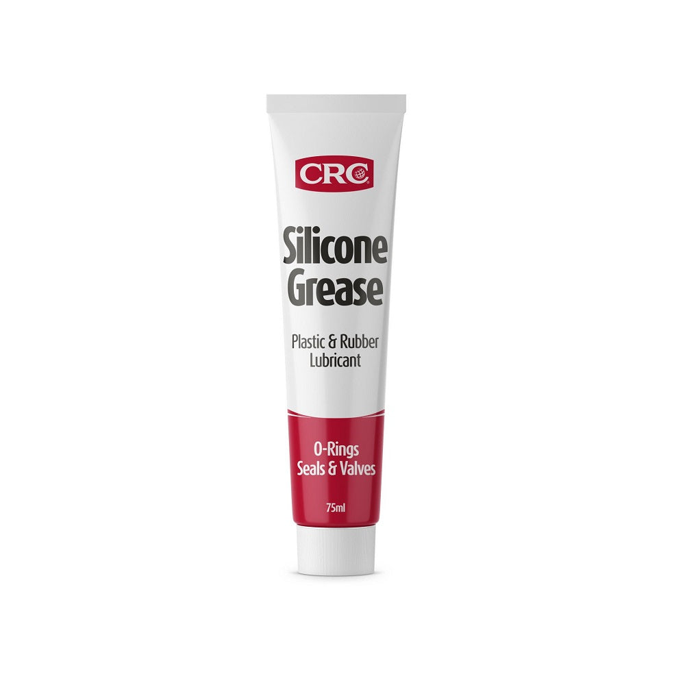 CRC Silicone Grease 75ml-3036. Front view of CRC tube that is upside down with a white cap and a white tube with red at the bottom and a red CRC logo.