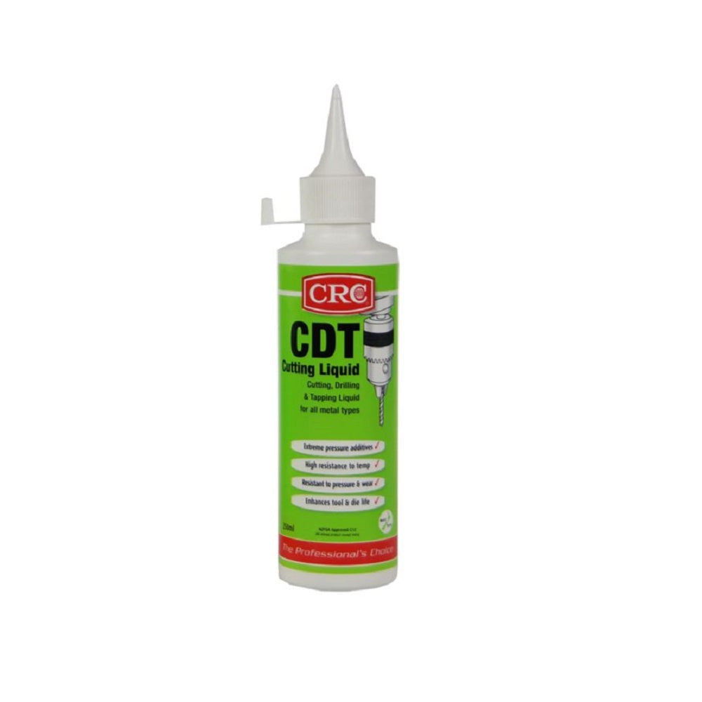 CRC CDT Cutting Liquid 250ml-3059. Front view of white squeeze bottle in green with black writing and a red CRC logo.