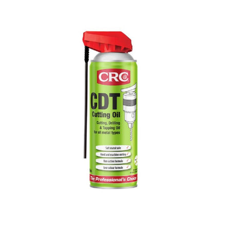 CRC CDT Cutting Oil Aerosol 400ml-3063. Front view of spray can, green with black writing and red CRC logo and red spray top and black permastraw facing downwards.