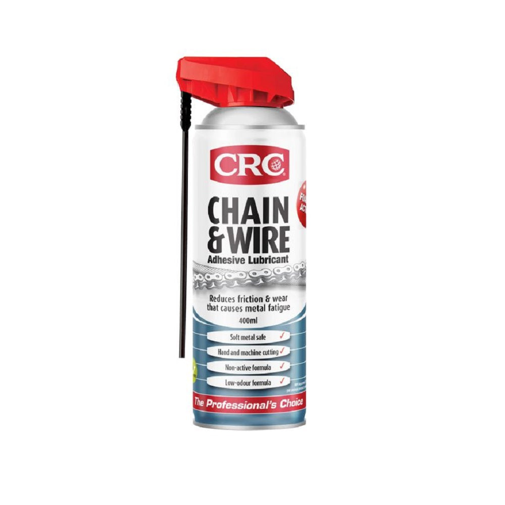 CRC Chain & Wire Lubricant 400ml-3360. Front view of spray can with blue base and white top with black writing and red CRC logo and red spray nozzle with black permastraw hanging down from it.