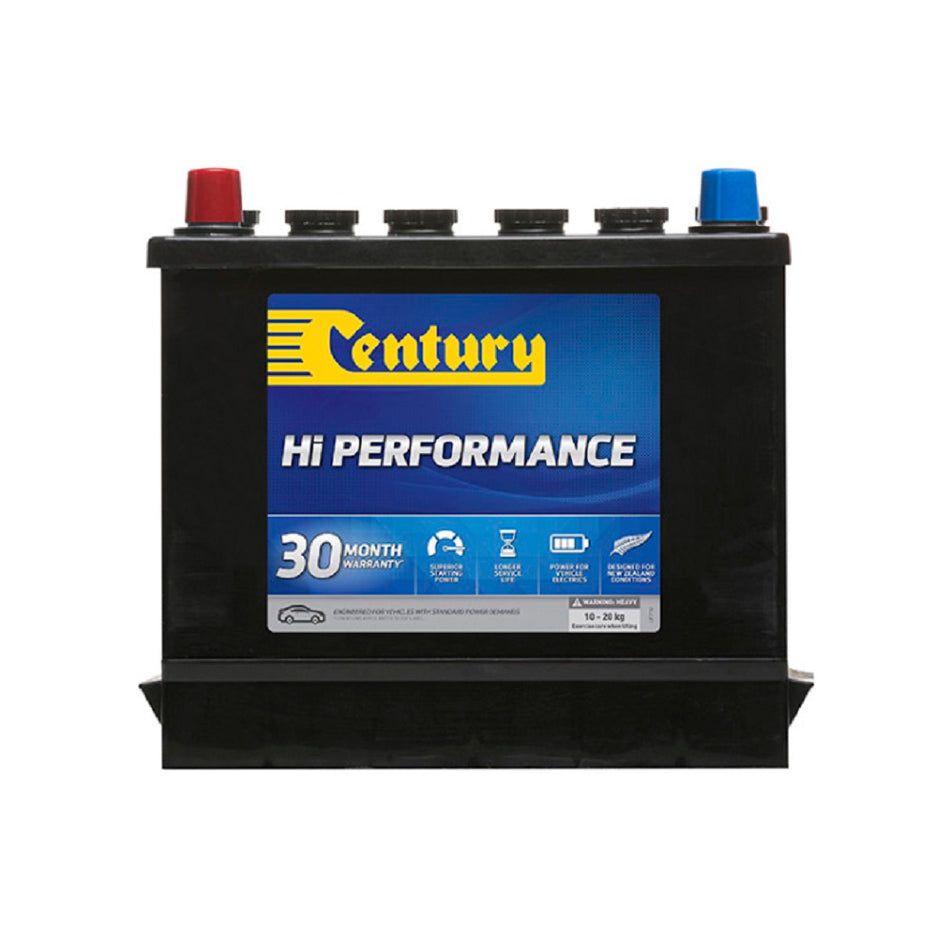 Century Battery Automotive FLA 12V 350CCA-41. Front view of black battery with yellow Century logo on blue label on front.