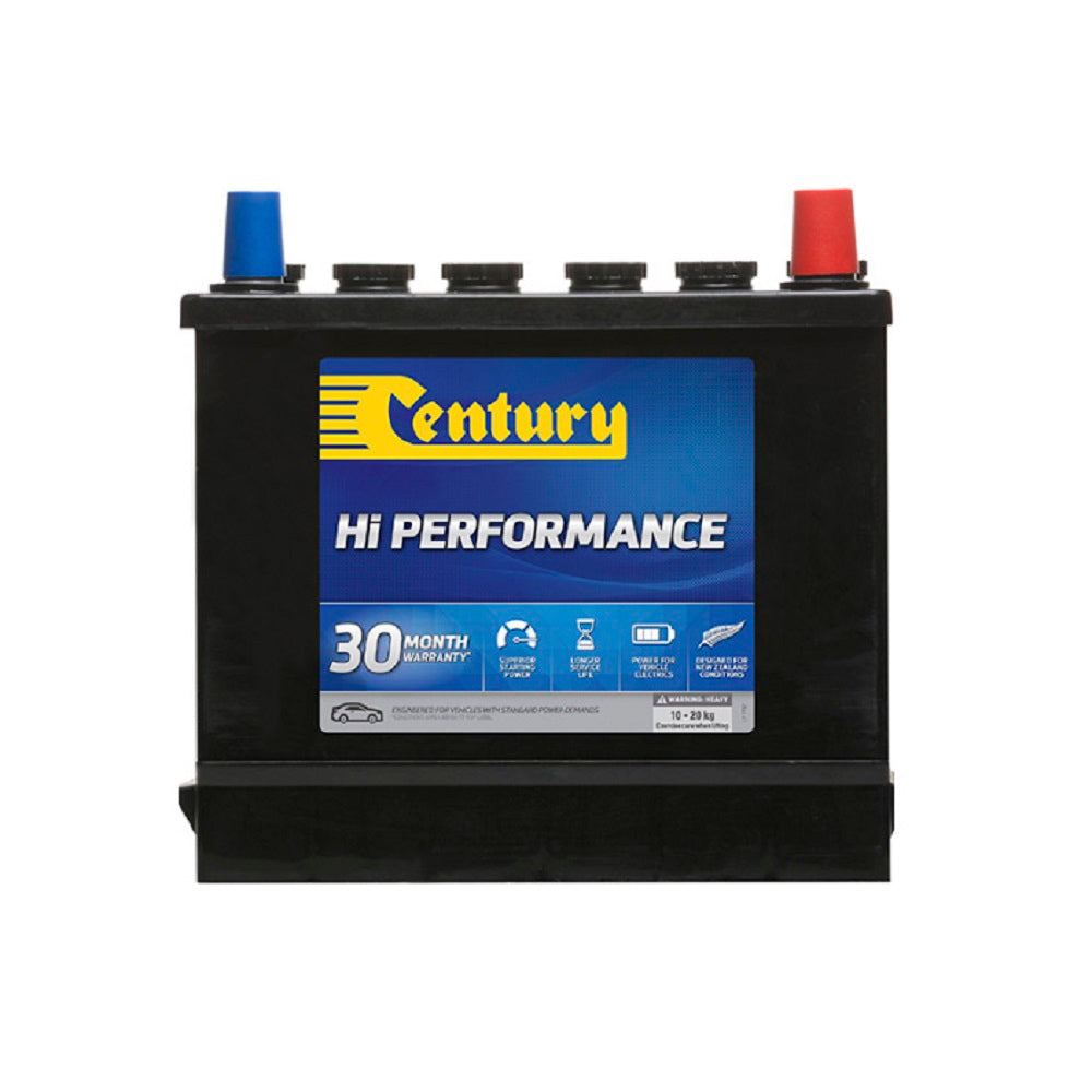 Century Battery Automotive FLA 12V 350CCA-43. Front view of black battery with yellow Century logo on blue label on front.