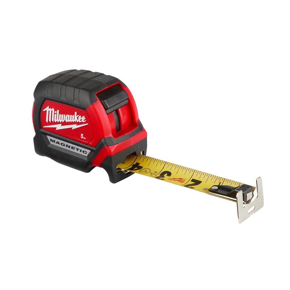 Milwaukee Compact Magnetic Tape Measure 5M 48220505.  Angled view of tape measure showing tape partially extended.