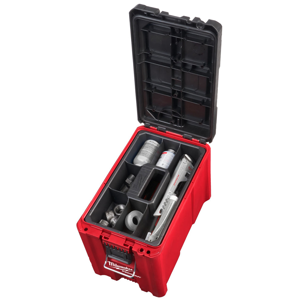 Milwaukee Packout Compact Toolbox 48228422. Top down view of toolbox with hinged lid open. 