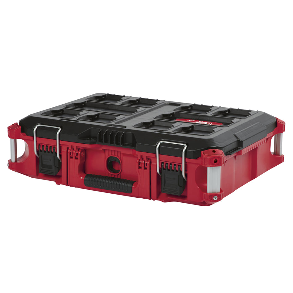 Milwaukee Packout Toolbox 48228424. Angled view of toolbox showing lid clips.