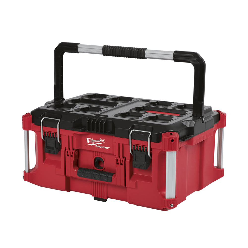 Milwaukee Packout Large Toolbox 48228425.  Angled view of toolbox with handle raised.