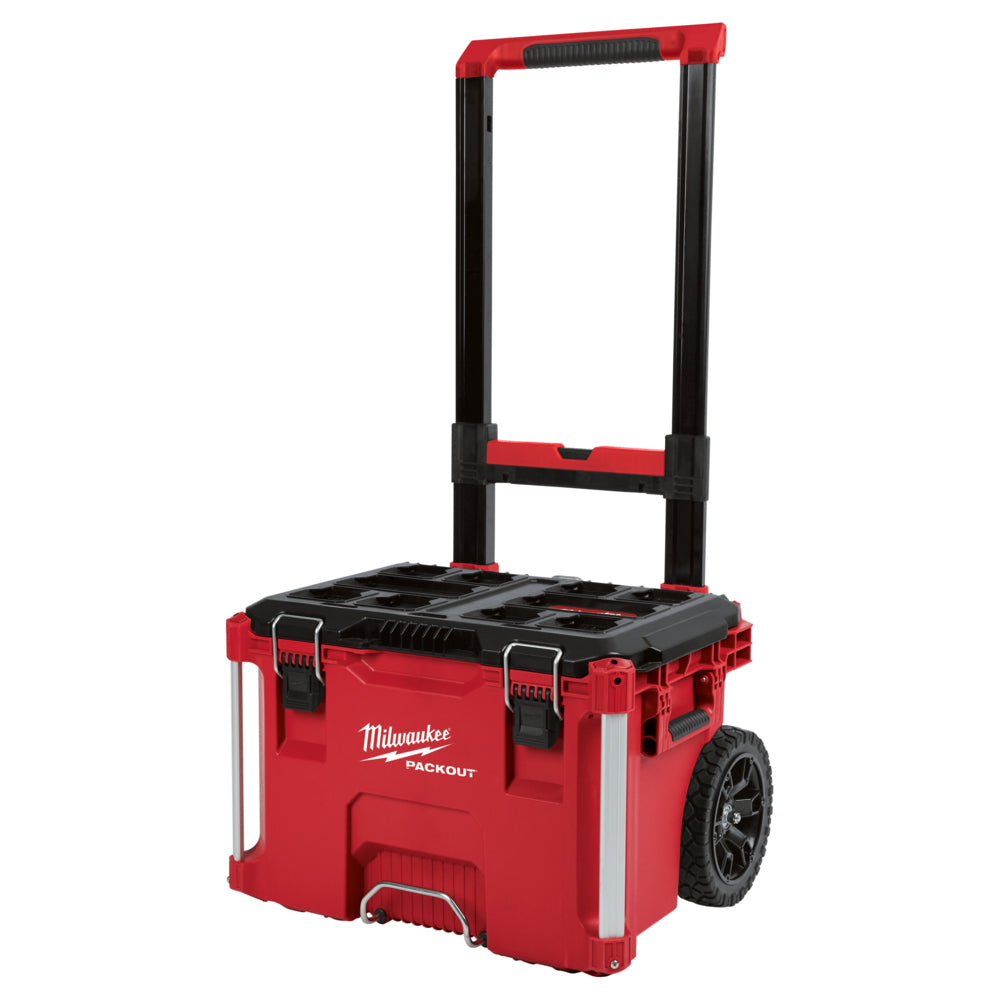 Milwaukee Packout Rolling Toolbox 48228426.  Angled view of toolbox with handle extended. 