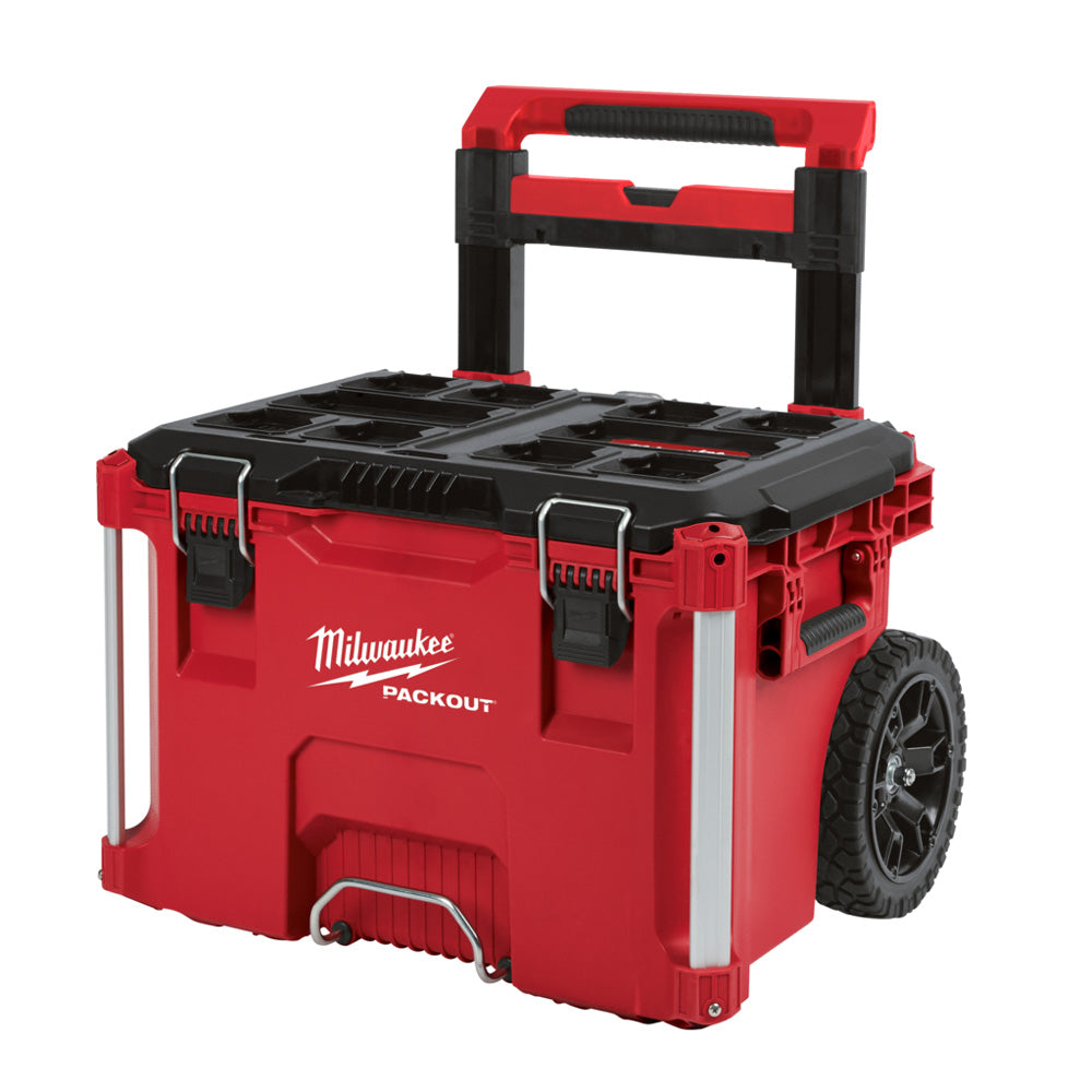 Milwaukee Packout Rolling Toolbox 48228426. Angled view of toolbox with handle  down. 