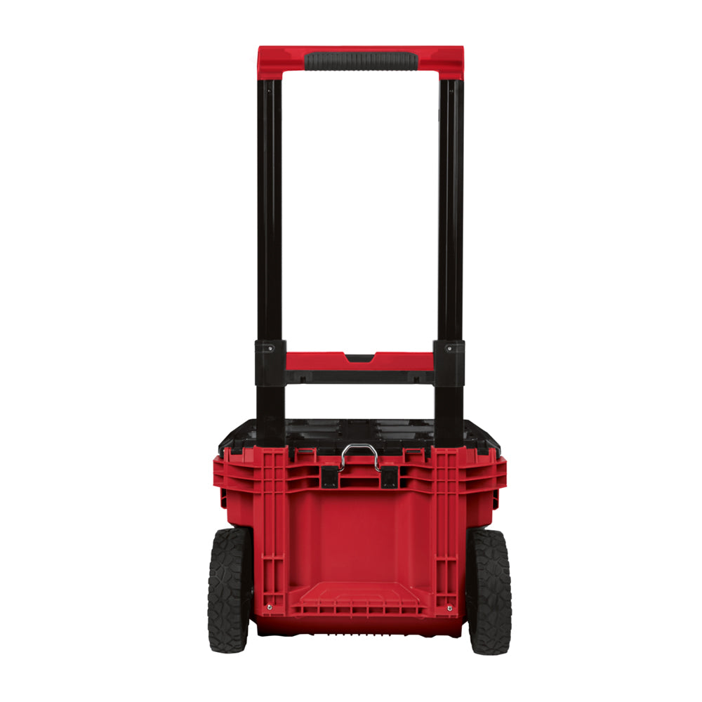 Milwaukee Packout Rolling Toolbox 48228426. Rear view of toolbox with handle extended.