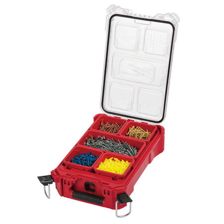 Milwaukee Packout Compact Organiser 48228435. Angled view of organiser with lid open showing trays and contents. 