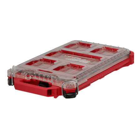 Milwaukee Packout Low Profile Compact Organiser 48228436.  Angled view of organiser with lid closed.