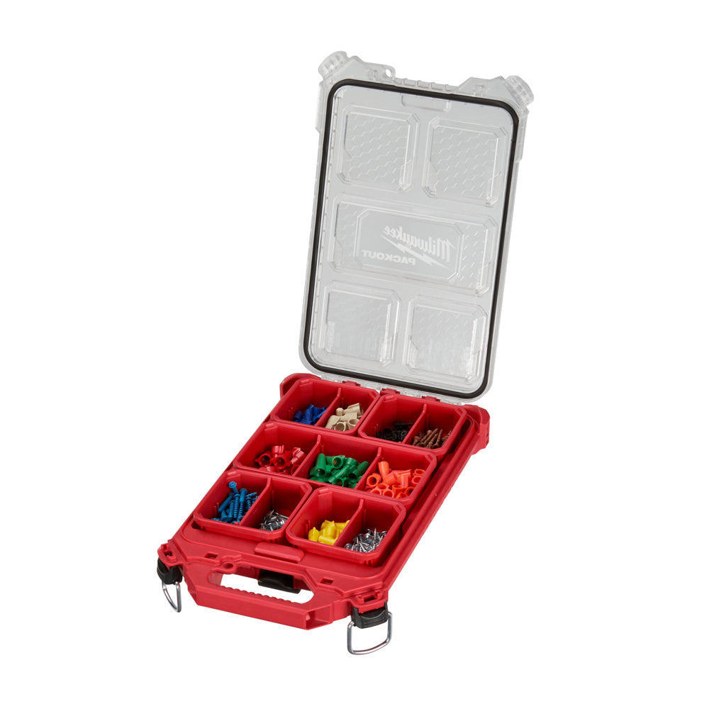 Milwaukee Packout Low Profile Compact Organiser 48228436. Angled view of organiser with lid  opened showing storage trays and contents.