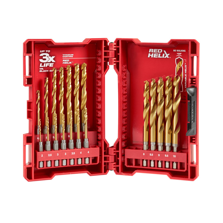 Milwaukee Shockwave Red Helix Titanium Metric 19 Pce Drill Kit 48894860.  View of drills in open case.