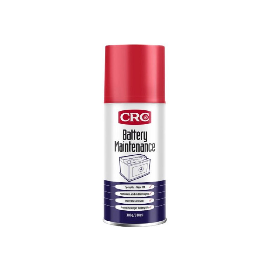 CRC Battery Maintenance 300g-5097. Front view of white spray can with blue bottom and a picture of a battery and the red CRC logo and a red cap.