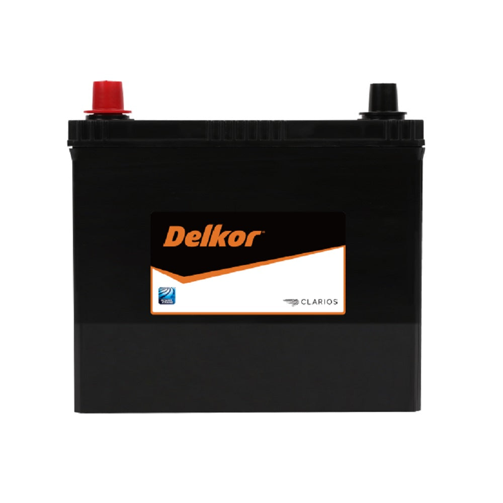 Delkor Battery Automotive CAL 12V 430CCA-51 430. Front view of black battery with orange Delkor logo on black, white and orange label on front.